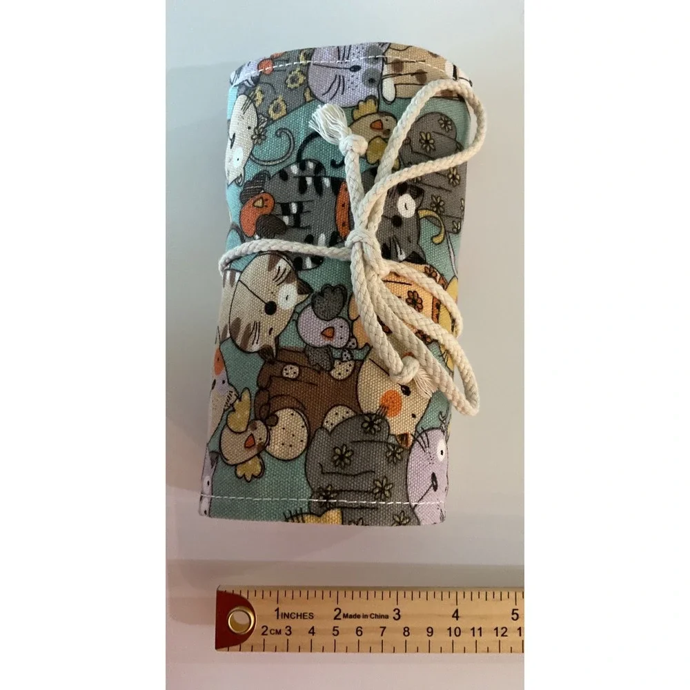 Cat Print Canvas Roll Up Pencil Case Crochet Hook Organizer Teal 72 Slot Pouch
